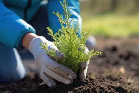 Hands plant seedlings in the ground. Generative AI. high quality illustrationの素材