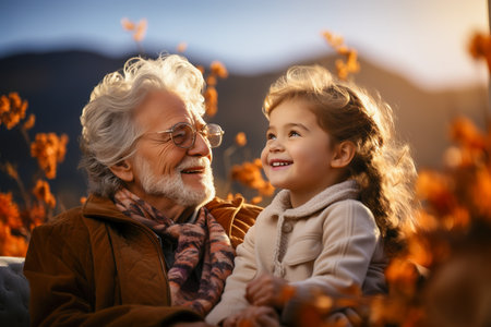 Cheerful grandfather plays with his granddaughter. Generative AI. high quality illustrationの素材