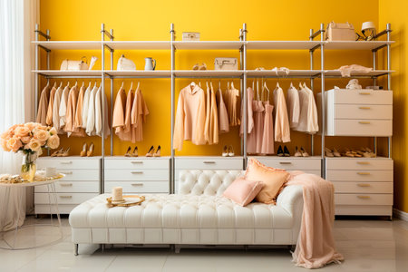 Stylish large, modern dressing room in yellow tones. Generative AI. high quality illustrationの素材
