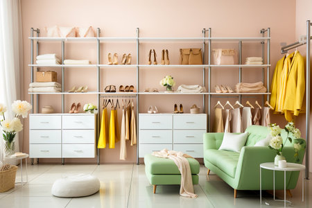 Stylish large, modern dressing room in beige tones. Generative AI. high quality illustrationの素材