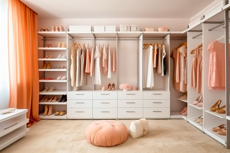 Stylish large, modern dressing room in beige tones. Generative AI. high quality illustrationの素材