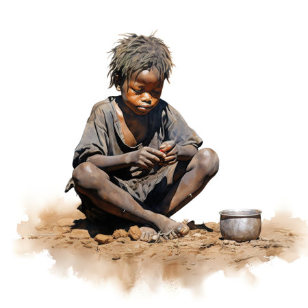 African hungry boy sits on the ground and eats. The concept of starving children in Africa. Generative AI.の素材