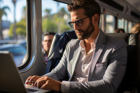 Businessman works in transport on a laptop. Generative AI. high quality illustrationの素材