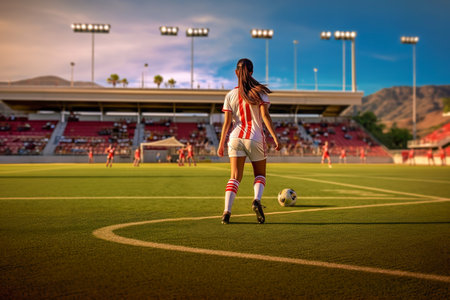The girl soccer player is preparing to hit the ball on the football field. Generative AI. high quality illustrationの素材