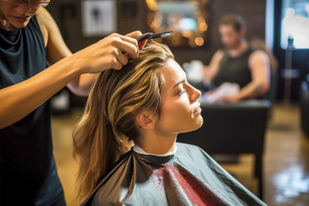 The master takes care of the hair of a woman in a beauty salon. Generative AI. high quality illustrationの素材