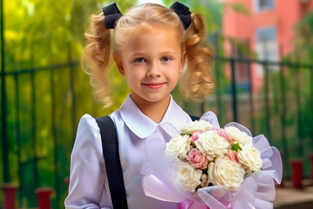 Portrait of a first-grader with a bouquet of flowers. Generative AI. high quality illustrationの素材