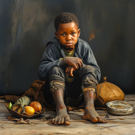 African hungry boy sits on the ground and eats. Generative AI. high quality illustrationの素材