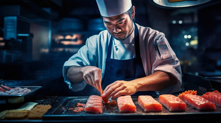 The chef prepares sushi, rolls in the restaurant. Generative AI. high quality illustrationの素材