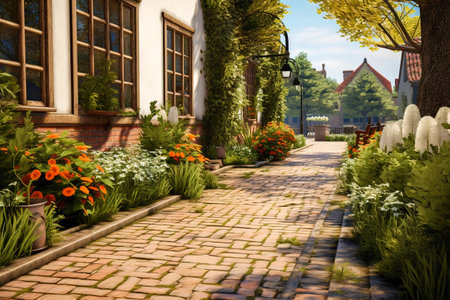 Clinker brick path to the house, landscaping. Generative AI. high quality illustrationの素材
