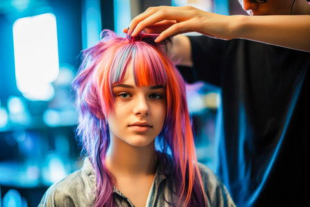 Beautiful girl with pink hair at the hairdresser. Generative AI. high quality illustrationの素材