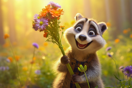 Funny, fluffy raccoon with a bouquet of flowers. Generative AI. high quality illustrationの素材