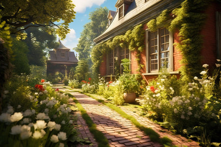 Clinker brick path to the house, landscaping. Generative AI. high quality illustrationの素材