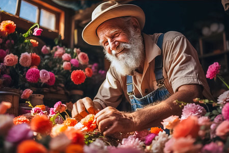 A retired gardener grows flowers in his backyard. Generative AI. high quality illustrationの素材