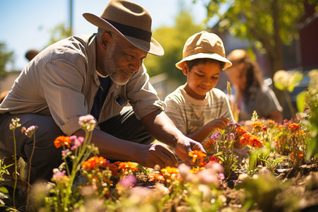 A pensioner with his granddaughter grows flowers in the backyard. Generative AI. high quality illustrationの素材