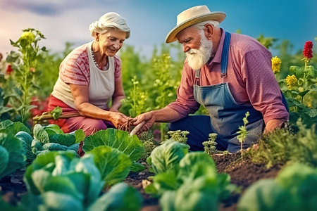A happy retired couple on their property. Generative AI. high quality illustrationの素材