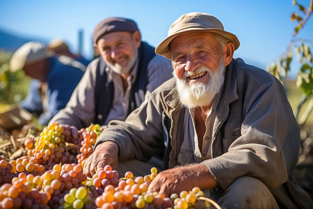 A pensioner grows grapes on his plot. Generative AI. high quality illustrationの素材