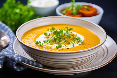 Carride carrot soup with cream and fresh herbs in a white plate, restaurant serving. Generative AI. high quality illustrationの素材