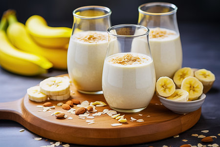 Banana smoothie breakfast in glass cups. Generative AI. high quality illustrationの素材