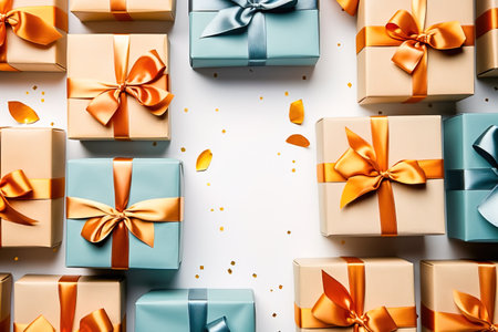 Holiday background of Christmas and New Year. Christmas gift boxes on a white background from above. Generative AI. high quality illustrationの素材