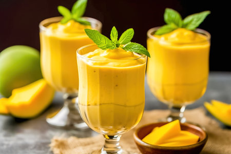 Refreshing and healthy mango smoothie in tall glasses. Generative AI. high quality illustrationの素材