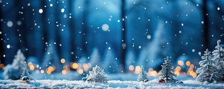 Snowy, blue Christmas background. Gentle flying snow. Generative AI. high quality illustrationの素材