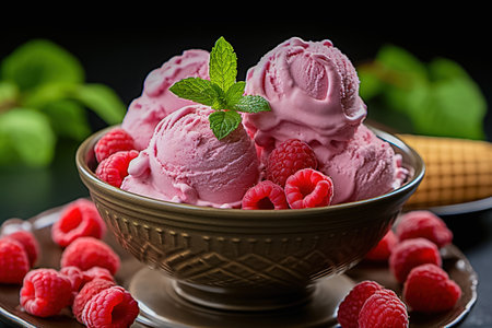 Raspberry ice cream balls with natural raspberries. Generative AI. high quality illustrationの素材