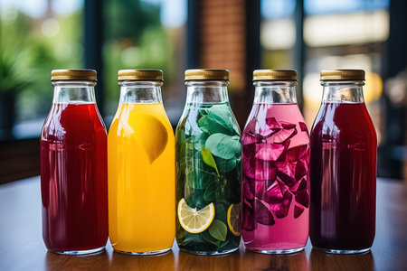 Fruity soft drinks in bottles. Generative AI. high quality illustrationの素材