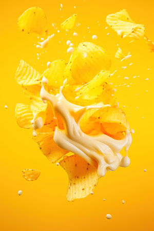 Potato chips with cheese sauce on a yellow background. levitation. high quality photoの素材