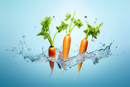 Young carrot with water splash on a blue background. high quality photoの素材