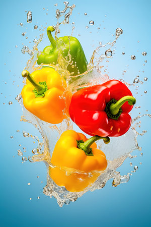 Red, yellow and green peppers with water splashes. Levitation. high quality photoの素材