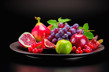 Fruit salad of figs, grapes and berries in a plate on a dark background. high quality photoの素材