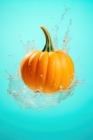 Pumpkin fruit with splashes of water on a blue background. high quality photoの素材