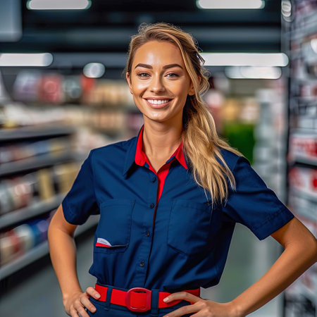 Portrait of a happy girl seller in a store. high quality photoの素材