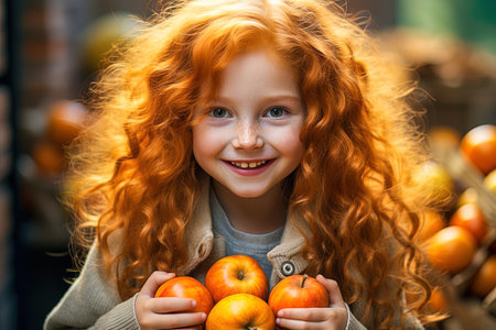 Portrait of a happy red-haired girl with a pumpkin. Halloween holiday concept. high quality photoの素材