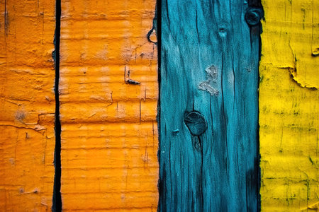 Texture of vintage wooden boards with cracked yellow and blue paint. high quality photoの素材