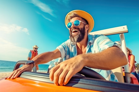 Happy man rides in a convertible. high quality photoの素材