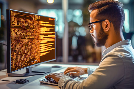 A male programmer works at a computer. high quality photoの素材