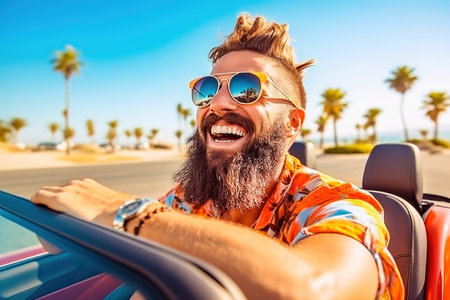 Happy man rides in a convertible. high quality photoの素材