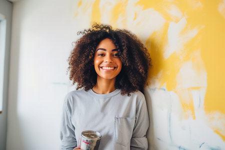 Happy African American woman painting a wall. repair concept. high quality photoの素材