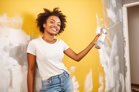Happy African American woman painting a wall. repair concept. high quality photoの素材