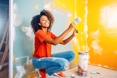 Happy African American woman painting a wall. repair concept. high quality photoの素材