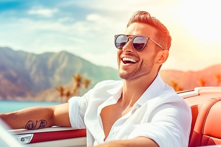 Happy man rides in a convertible. high quality photoの素材