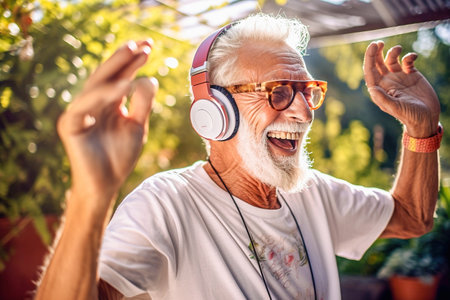 Happy pensioner dancing with headphones. high quality photoの素材