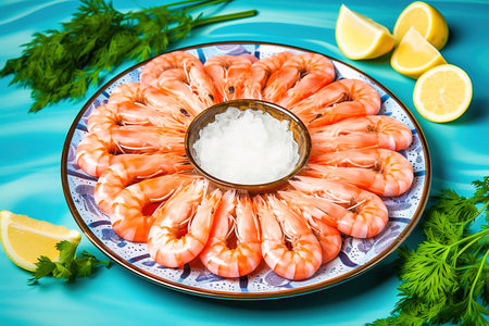 Cooked shrimp lie in a circle on a blue plate. high quality photoの素材