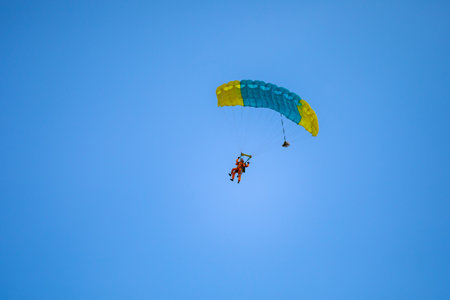 Jump in tandem skydivers-athletes with a parachute. High quality photo. Kirzhach Russia July 22, 2023のeditorial素材