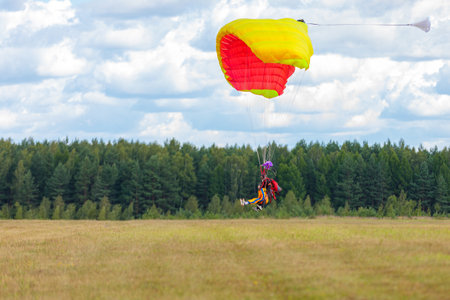 Landing skydivers-athletes with a parachute on the ground. Kirzhach Russia July 22, 2023のeditorial素材