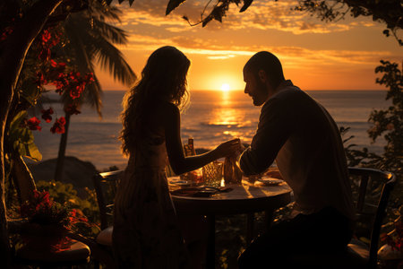 Romantic couple having dinner at sunset by the sea. high quality photoの素材