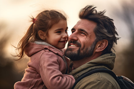 Happy dad carries his daughter on his shoulders. Traveling, hiking. high quality photoの素材
