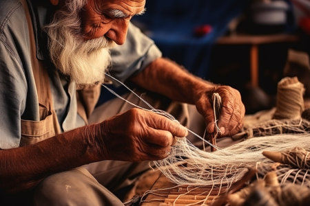 An old man weaves, repairs a fishing net. close-up. high quality photoの素材
