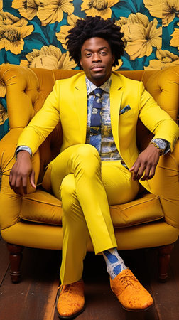 Stylish African-American man in a luxurious yellow suit. high quality photoの素材